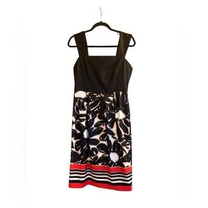London Times Black and Red Abstract Midi Dress